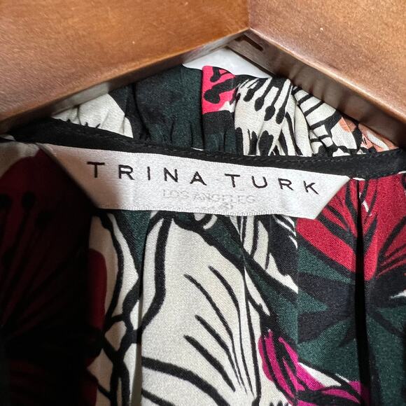 Trina Turk Silk Tunic Blouse Floral Print Top Black Pink - M - Picture 5 of 8